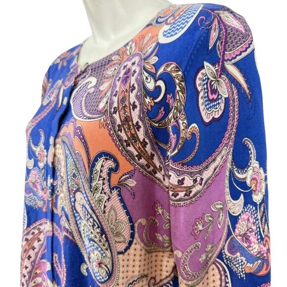 Talbots Womens Thin Violet Blue Paisley Floral Cardigan Sweater Cotton Blend M - Picture 10 of 16
